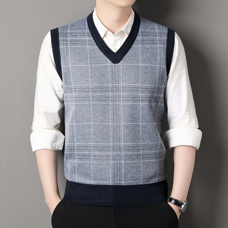 Autumn and Winter New Men's Knitted Inner Sweaters for Middle-Aged and Elderly People Fleece-Lined to Heattech Dad's Vests and Vests