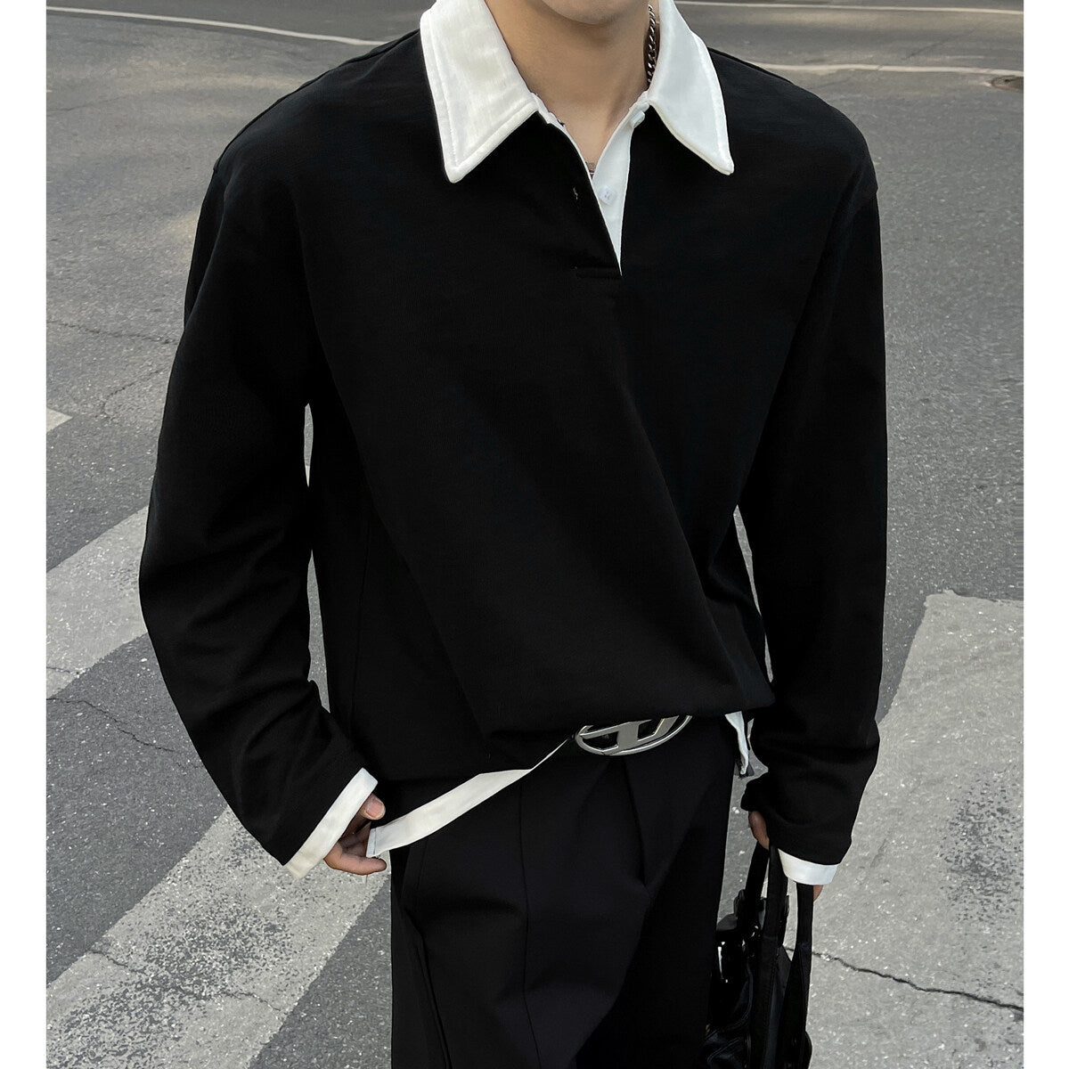 INTFEDAY American-style cleanfit Fake Two-piece Patchwork Lapel Sweaters Men's Dark Design plus size Long Sleeve