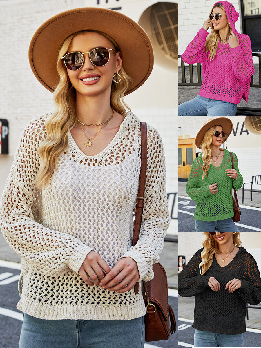 Amazon's Popular Fashion Loose Outer Wear Long-Sleeved Cut Out Blouse 2023 European and American Pure Color Casual Hooded Sweater for Women