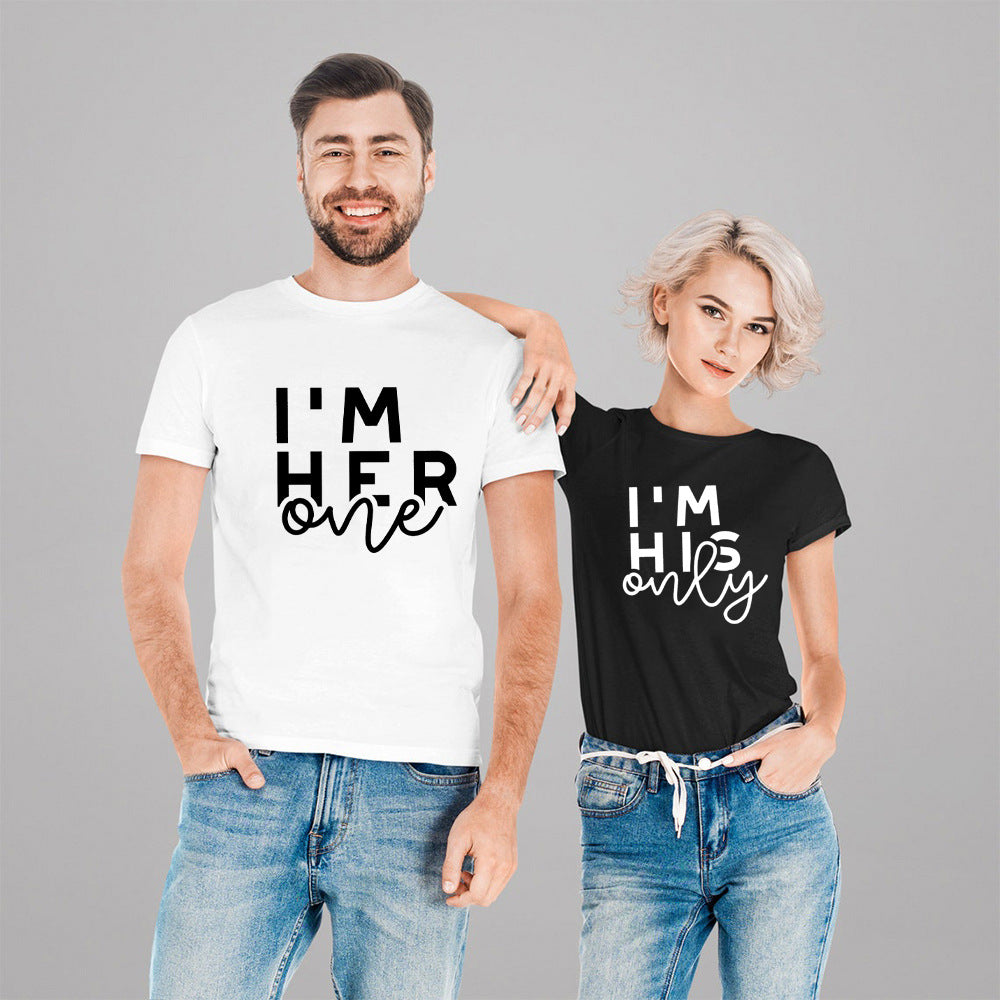 in stock Foreign Trade Cross-border I 'M HER ONE Couple Valentine's Day Printed Short-sleeved Crewneck T-shirt European and American Men and Women