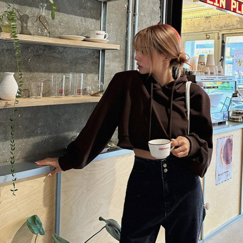2026 Spring and Autumn Korean Style New Versatile Hooded Sweatshirt, Waist-Cinching Pure Cotton Short Pullover Sweatshirt for Women