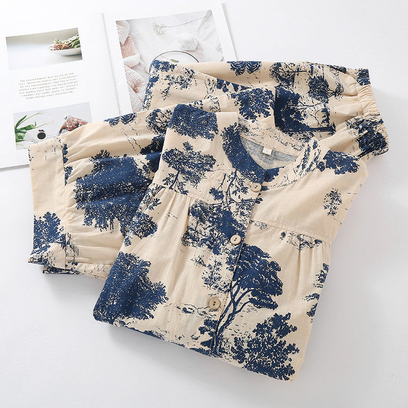 Pajamas Women's Summer Slub Cotton Internet Popular Korean Style Home Clothes Loose Casual Cropped Sleeve Trousers Simple Home Clothes