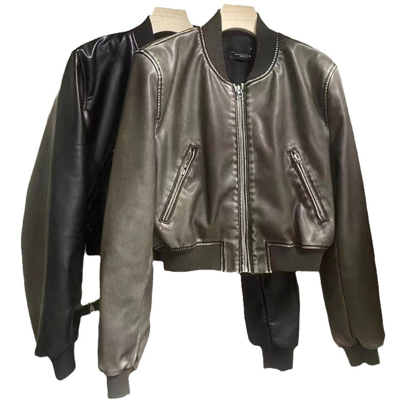 Spring and Autumn New American Style Leather Jacket Retro Style Old Faux Leather Aviator Jacket Coat Women's Round Neck Flying Suit Top