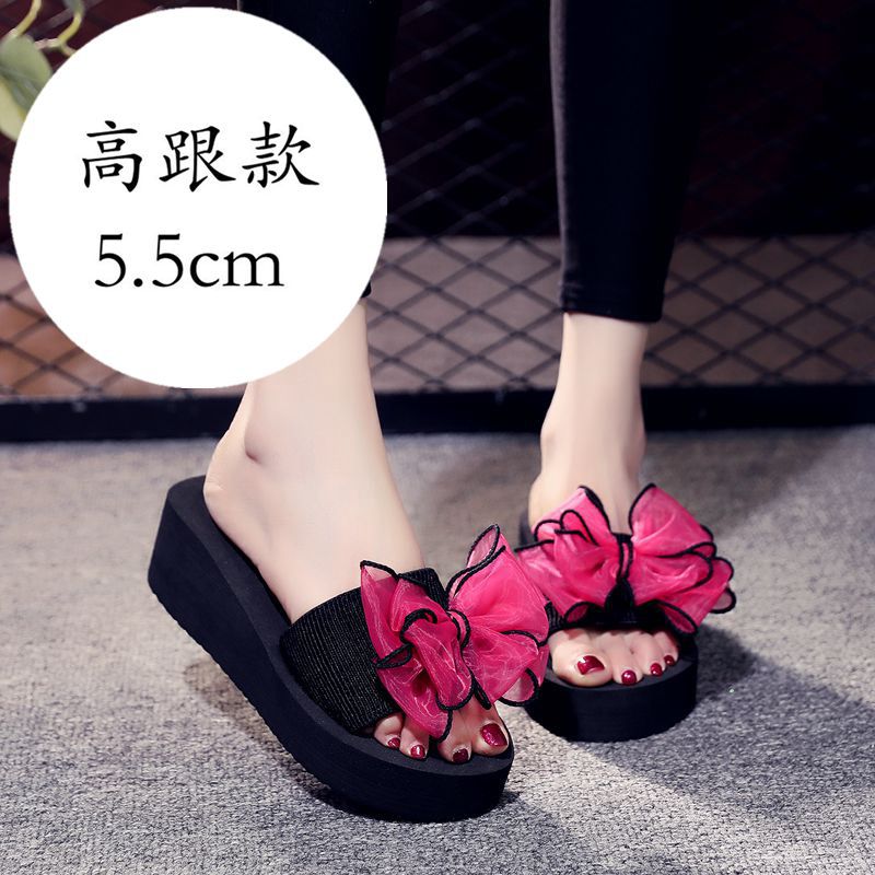 Mid-summer high-heeled slipper butterfly flower women's beach shoes thick-soled sandals and slippers Korean-style non-slip slippers for women