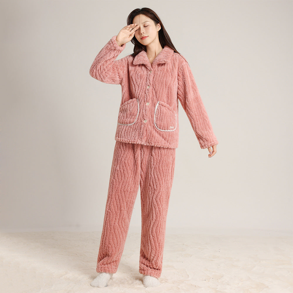 Autumn and Winter Thickeneded Warm Square Collar Lapel Pajamas Coral Velvet Cardigan Simple Wearable Home Clothes Couple Set