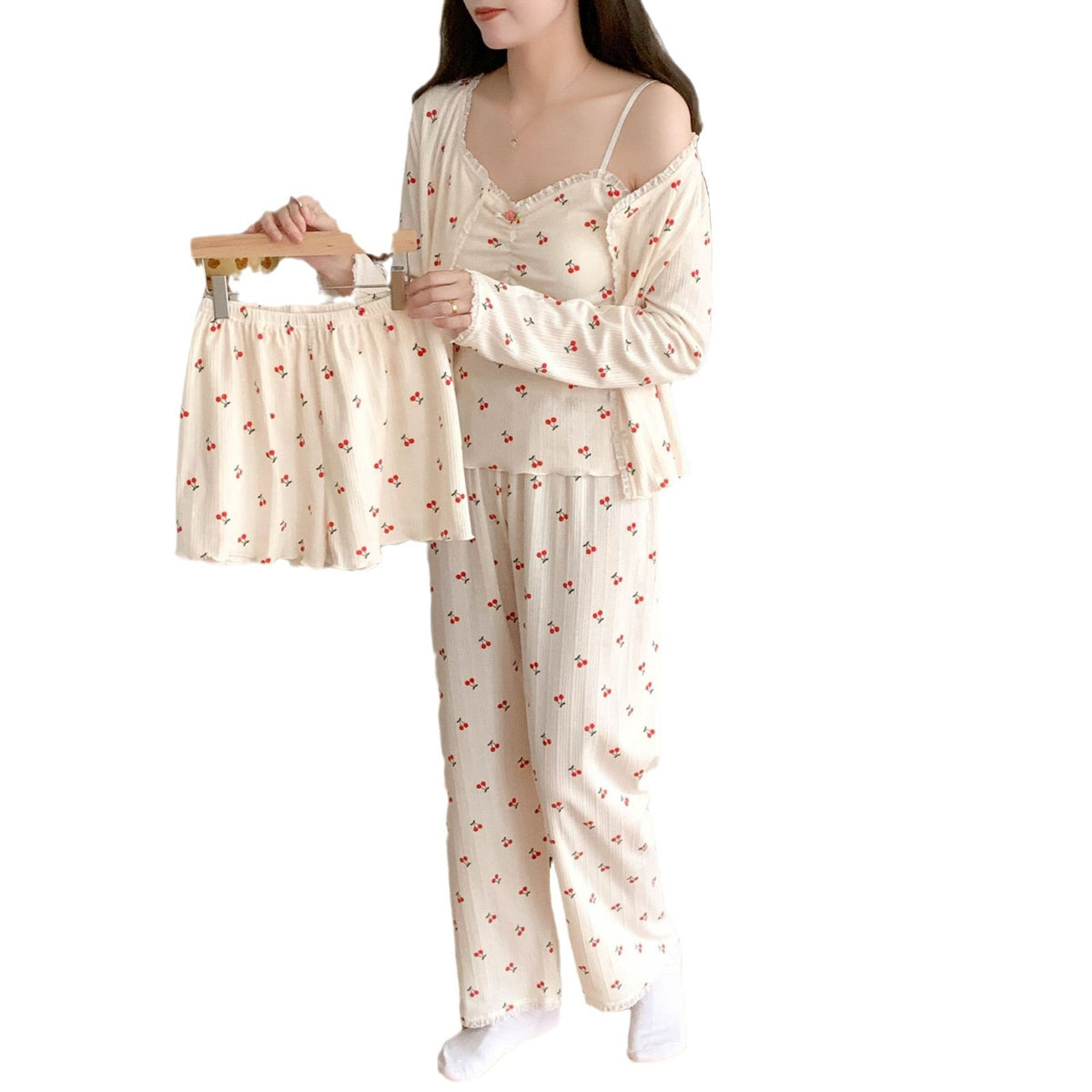 Autumn and Winter New Style Pajamas with Chest Pad Female Princess Style Sexy Knitted Cotton Four-piece Home Clothes for Four Seasons