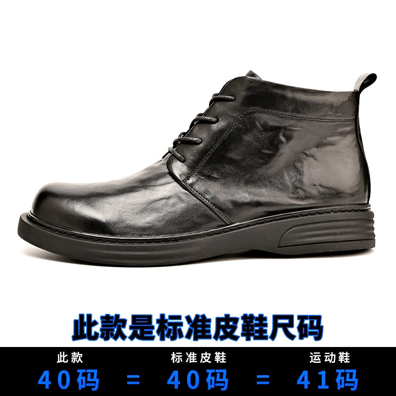 Platinum Wei Men's Martin Boots Autumn and Winter Genuine Leather Flat Mid-top Casual Boots Round Toe Lace-up Fashionable Soft Bottom Ankle Boots