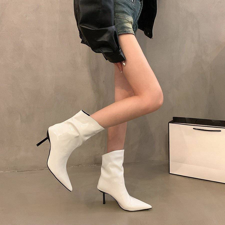 Pointed Toe Patent Leather Red Short Boots for Women 2025 Spring & Fall New Slim Stiletto Short Boots High Heels Slim Boots Nude Boots
