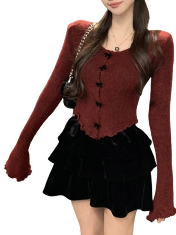 Red elegant fashion sweater women's autumn and winter 2024 New sweater undershirt short top slim fit