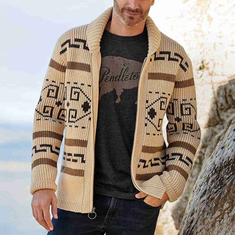 Cross-border Autumn and Winter Men's Fashion Lapel Youth Casual Cardigan Jacket Long-sleeved Slim-fit Jacquard Sweater Sweater for Men