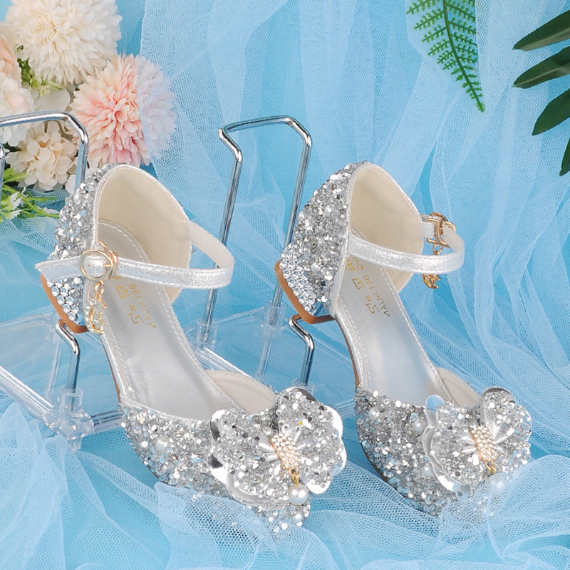 Cinderella Crystal Shoes Silver Model 4 Years Old Party 5 Princess Shoes 6 Little Girl Leather Shoes Children's High Heels 7 Sweet