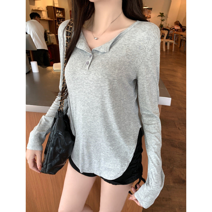 Autumn New Long-Sleeve T-Shirt for Women with Buttons, Loose Fit, Slimming Inner Top, Stylish Design, Regular Shoulder T-Shirt, Trendy