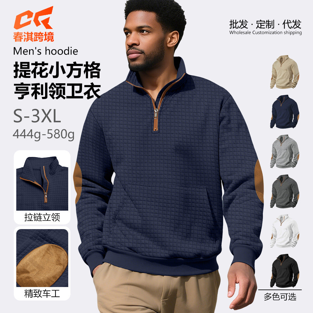 European and American Tk Cross-Border Casual Sports Sweatshirt Amazon Jacquard Small Checkered Stand-Up Collar Half-Zip Waffle Knit Top for Men