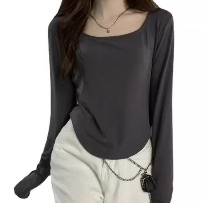 Round Neck Long-Sleeved T-Shirt for Women, New Spring and Autumn Style, Irregular Hem, Slim Fit, Student Casual Versatile Short-Sleeved Top