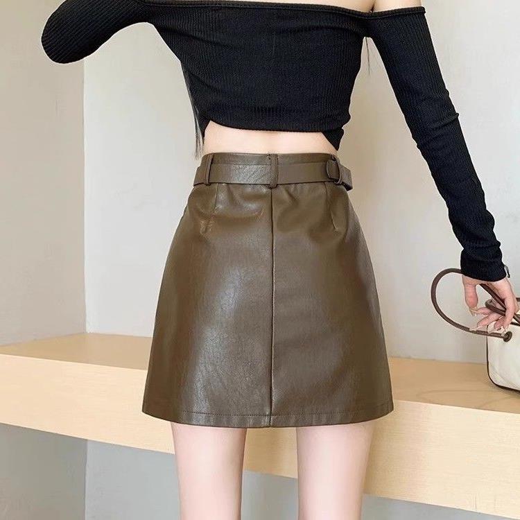 Black Leather Skirt for Women 2024 Autumn and Winter New High-waisted Slim A-line Skirt Hip-covering pu Small Leather Skirt Skirt