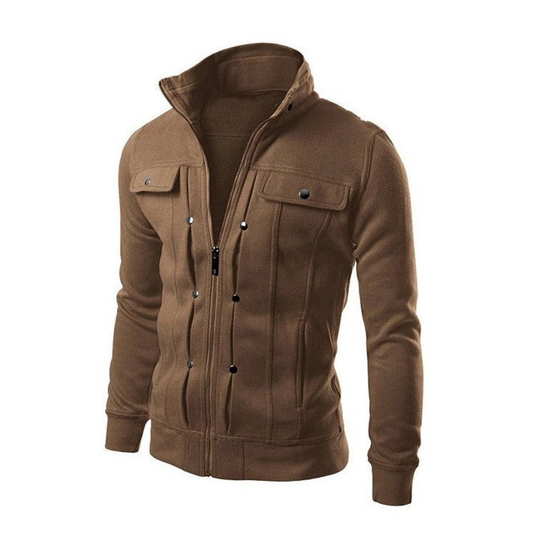 Cross-border in stock foreign trade new stand collar sweater zipper cardigan men's coat slim short brushed sweater jacket