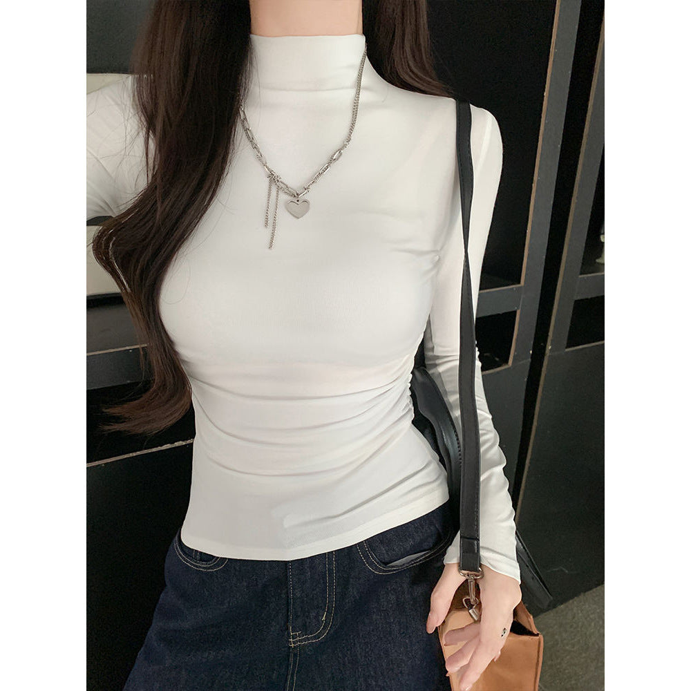 Hot Girl Pinch Waist Long-Sleeved T-Shirt for Women 2025 Spring & Fall New High-Neck Slim Slim Versatile Bottoming Shirt White Top