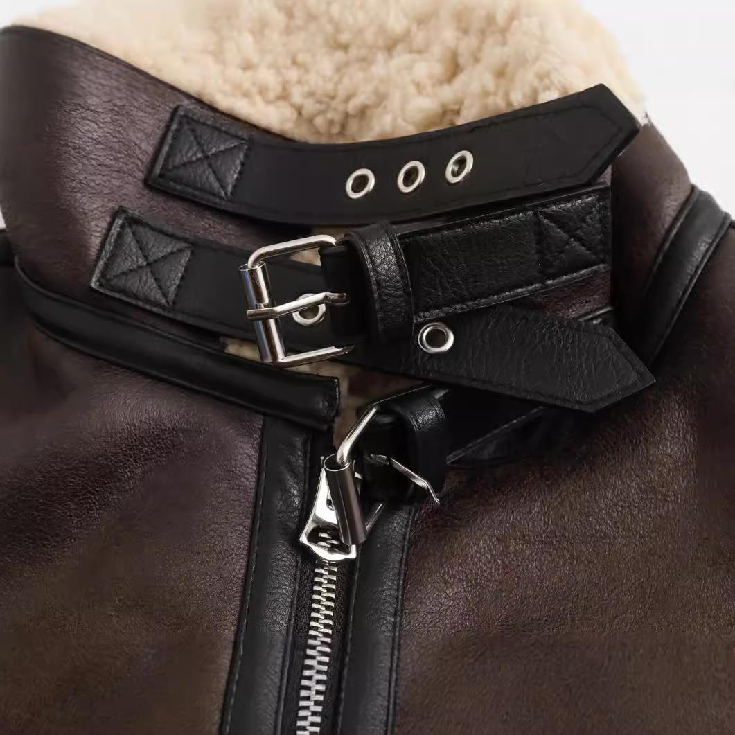 Foreign Trade Autumn and Winter New Women's Fur All-In-One Retro Motorcycle Style Short Jacket