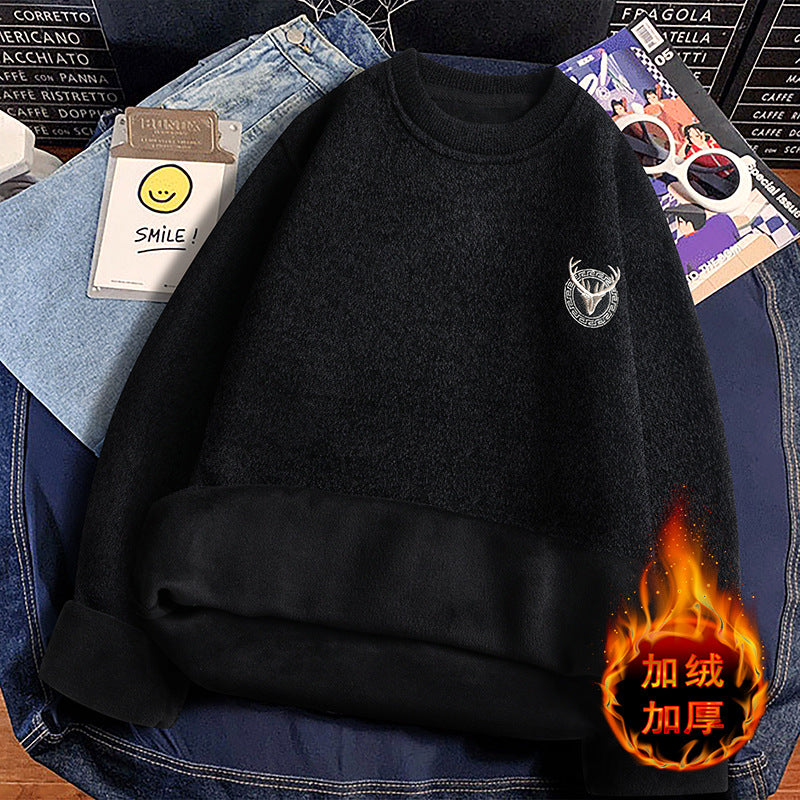 Cross-border Foreign Trade Men's Sweater Autumn and Winter Thick fleece-lined Thickened Crewneck Knitted Base Shirt Men's Inner Wear Autumn and Winter Warm