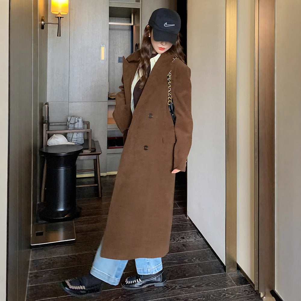 Women's Vintage caramel Corduroy Long Suit Over-the-knee Coat Women's Spring and Autumn Quilted Design Niche Jacket