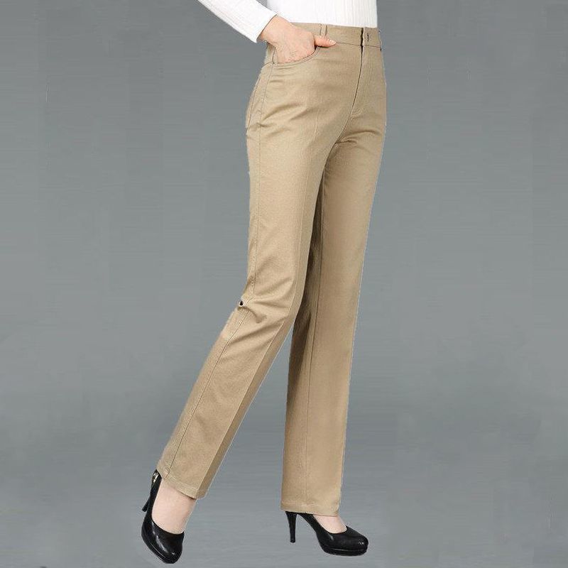 Khaki Jeans for Women 2025 Autumn and Winter Fleece-Lined High-Waisted Slimming Loose Plus-Size Straight Pants for Middle-Aged Moms