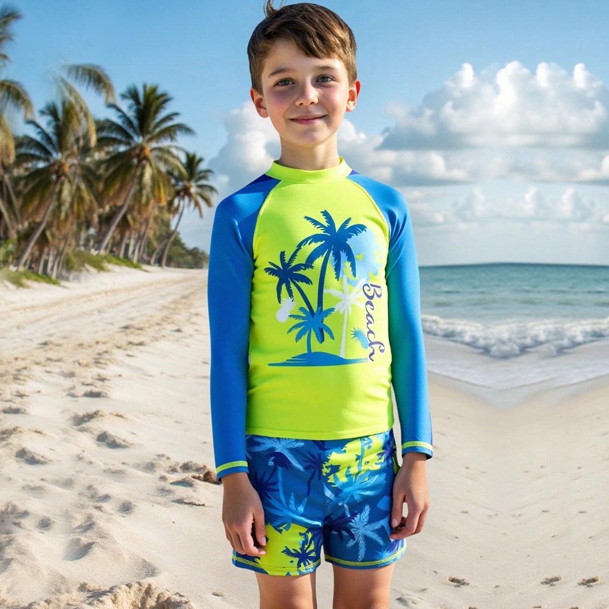 Children's Swimwear Boy's Long Sleeve Split Swimwear 2025 New Coconut Tree Print Shorts Sunscreen Boy's Swimwear