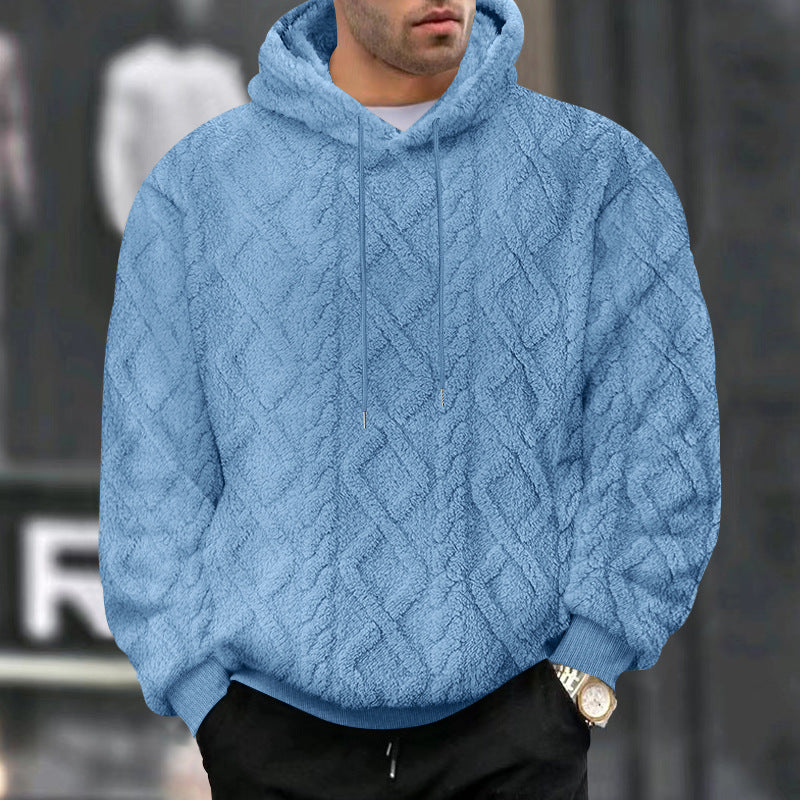 Cross-Border American Style Autumn and Winter Sweatshirt for Men, Casual High Street Jacquard Diamond Double-Sided Fleece Loose Pullover Hooded Sweatshirt for Men