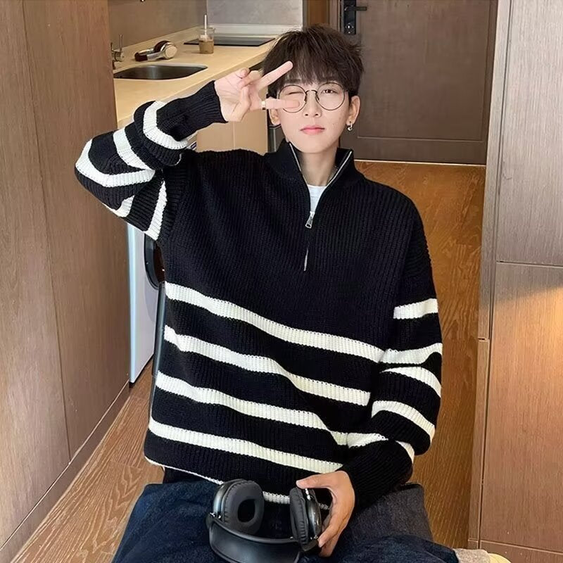 Half Zip Vertical Collar Sweater Men's 2024 Autumn and Winter Lazy Style Loose Striped Sweater Coat Sweater Trend