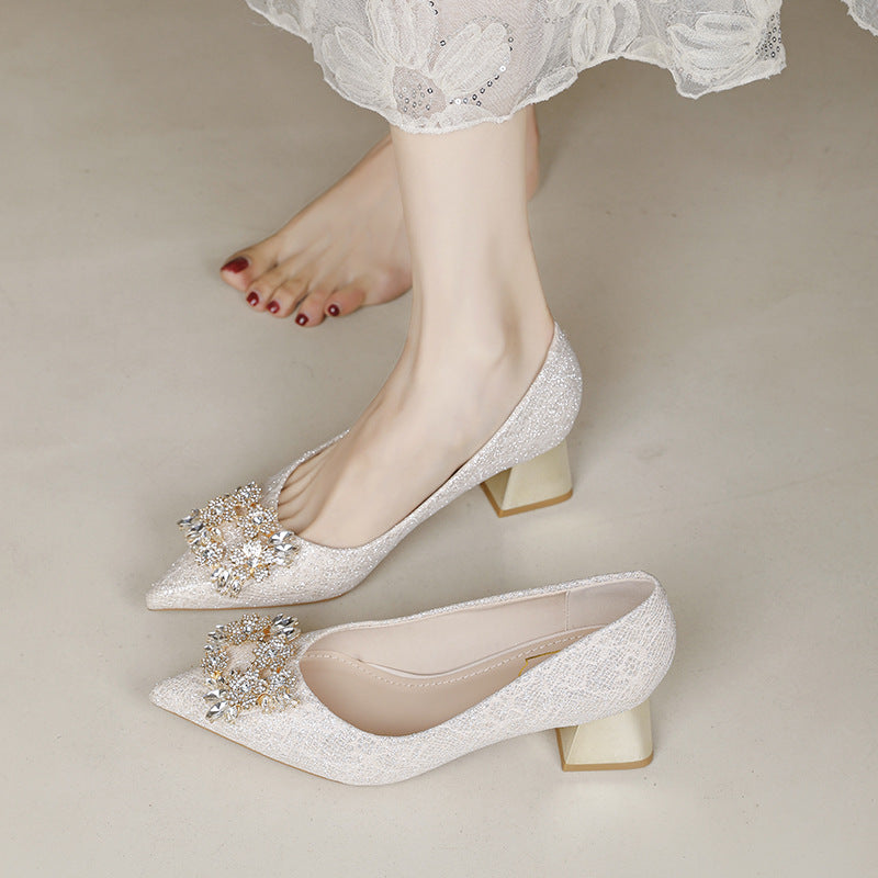 High Heels Women's Chunky Heel 2025 Spring and Summer New Pointed Mid-Heel Shoes Fashionable Breathable Water Diamond Buckle Wedding Shoes plus size