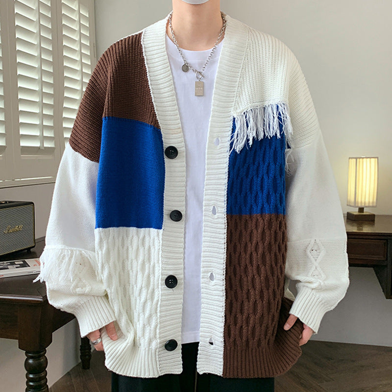 Spliced Personalized Knitted Cardigan Jacket for Men in Autumn and Winter, Trendyy Brand, Loose Sweater for Men, Lazy Style Knitted Sweater