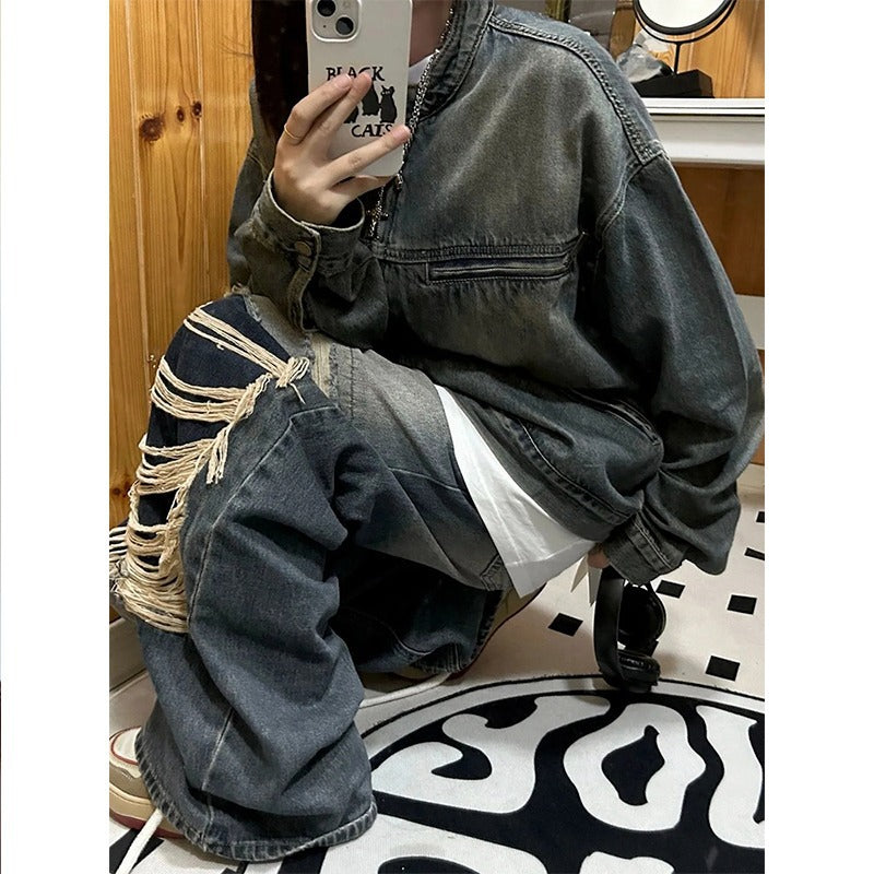 American Style Retro Vibe Style Tooling Denim Coat Women's Autumn Loose Design Sense Washed Old Cardigan Jacket Trendy