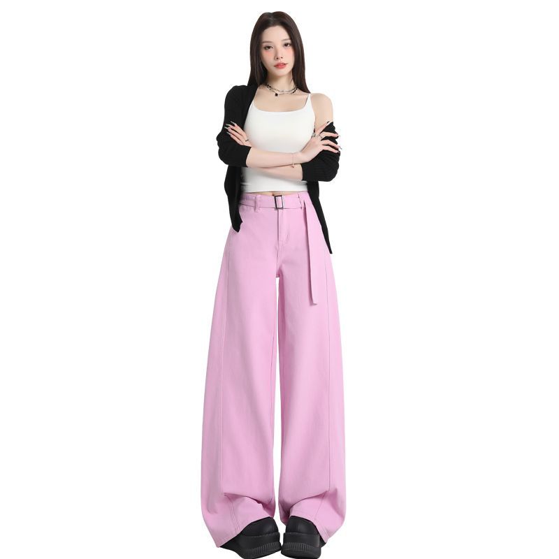 Belt Design Fashionable Wide-Leg Jeans for Women 2025 Summer and Autumn New High-Waist Slim Straight Casual Pants for Women