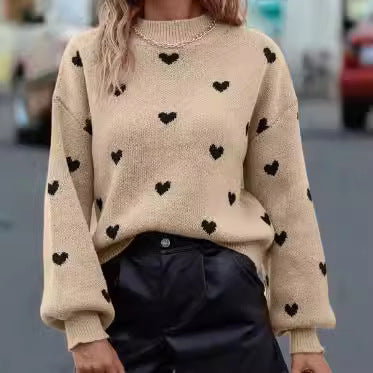 European and American Fashionable Autumn and Winter New Sweaters Long-Sleeved Round Neck Knitted Pullover Heart Loose Casual Women's Clothing