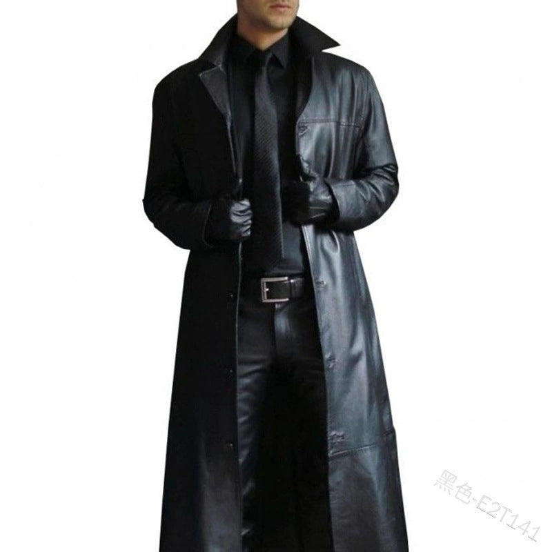 American Casual Western Cowboy Long Leather Windbreaker Men's Slim Lapel Pu Leather Jacket Cos Clothing Leather Outwear