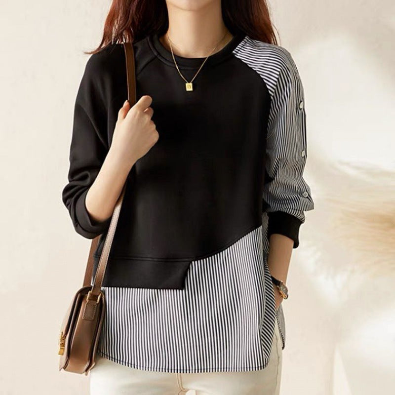 Eclectic Design Sense Niche Stitching Round Neck Sweater Women's Spring and Autumn New Irregular Striped Loose Cotton Top
