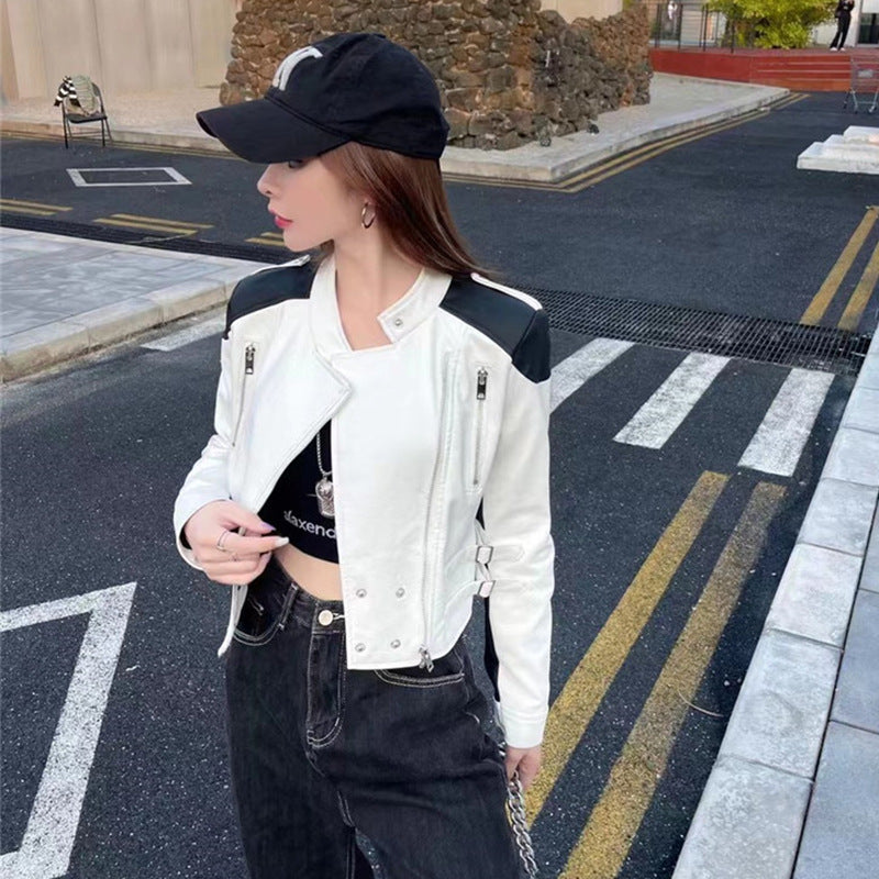 Short Leather Women's Coat 2023 Spring and Autumn New Fashion Design Sense Personalized Contrast Biker Short Jacket