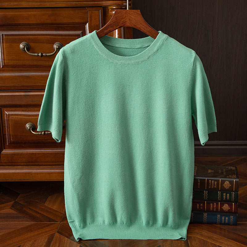 Men's Knitted Short-sleeved Korean Trendy Round Neck Half Sleeve Spring and Autumn Men's Slim-fit Solid Color Short-sleeved Sweater
