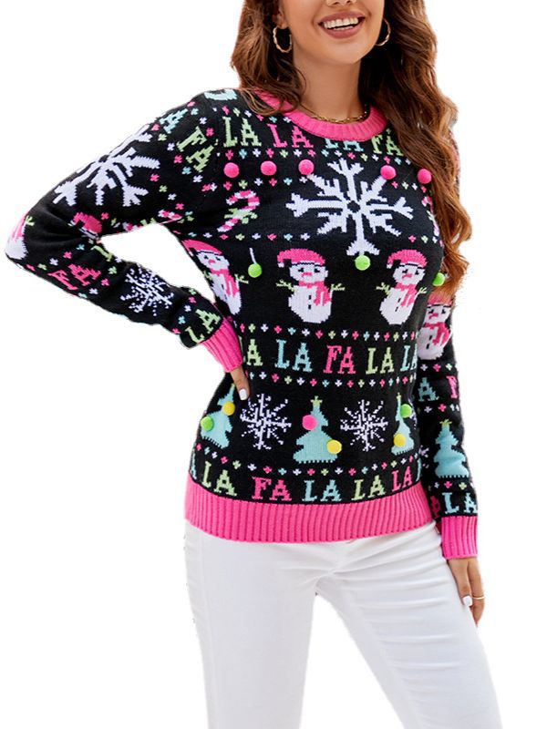 Amazon hot sale European and American heavy industry Christmas sweater women's autumn and winter New round neck snowman Jacquard knitted sweater