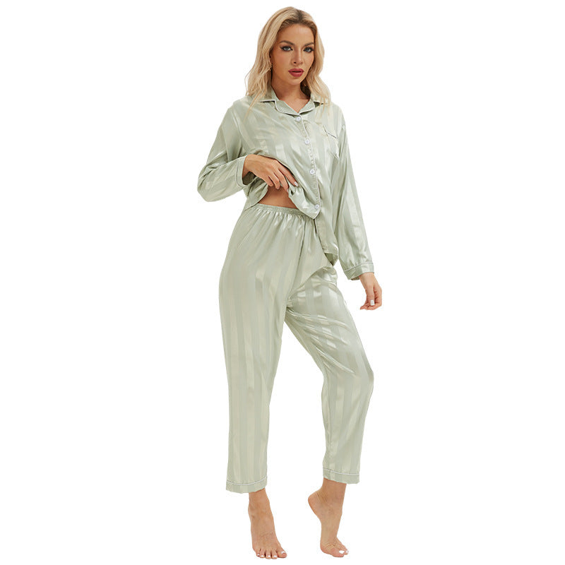Foreign Trade Cross-border Silk Color Striped Trousers Long-sleeved Home Clothes European and American Style Women's Pajamas Lady pajamas