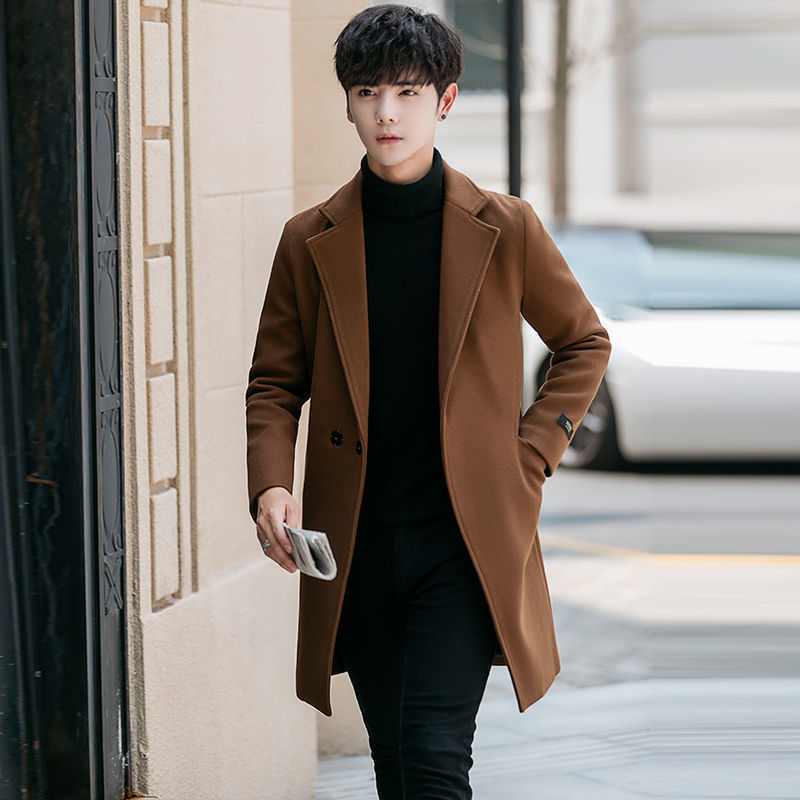New Men's Trenchcoat Autumn and Winter Woolen Coat Men's Korean-style Fashionable cotton and thickening Youth Woolen Coat for Men