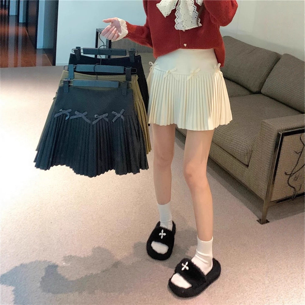 White Skirt, Bow Skirt, Black Pleated Skirt, Women's Early Autumn High-Waisted Slimming Look A-Line Skirt, Woolen Skirt
