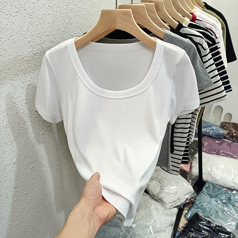 Versatile Ribbed Elastic Short-Sleeve T-Shirt for Women, Summer 2026, Round Neck, Slim Fit, Solid Color Base Shirt Top