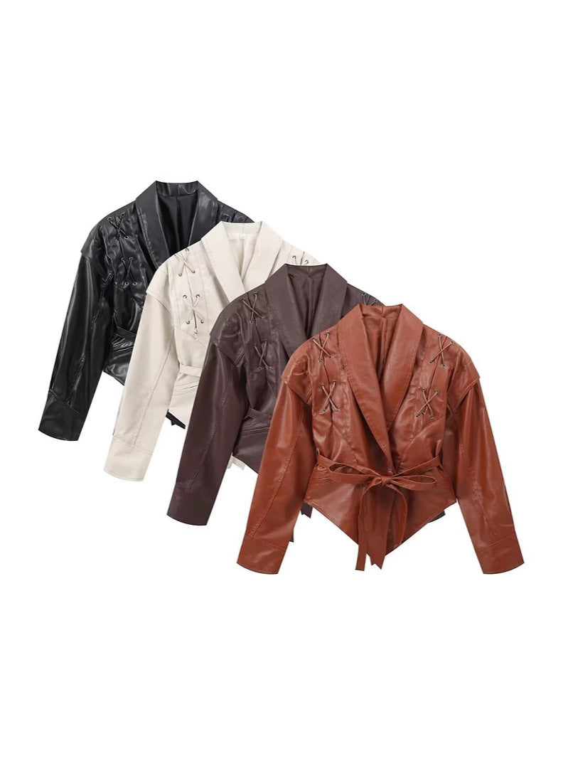 Cross-Border Aliexpress European and American Style Hot Style 2024 New Women's Clothing 4-Color Motorcycle Style Pure Color Strappy Waist Leather Jacket