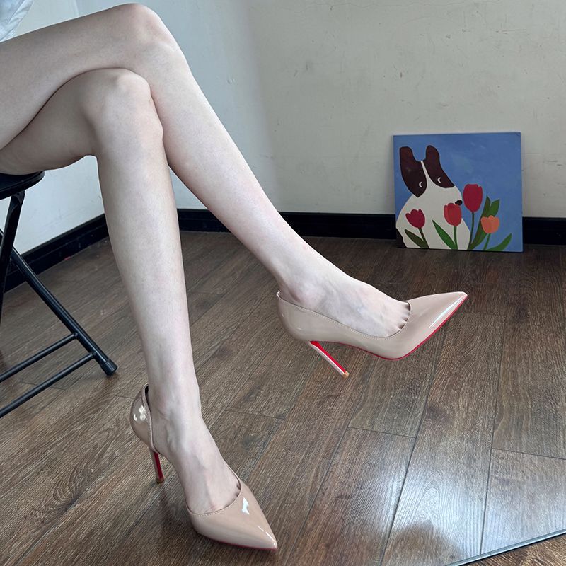 Nude High Heels for Women 2025 New Autumn and Winter Pointed Toe Stiletto Heels with Side Hollows New Elegant New Red Bottom Professional Shoes