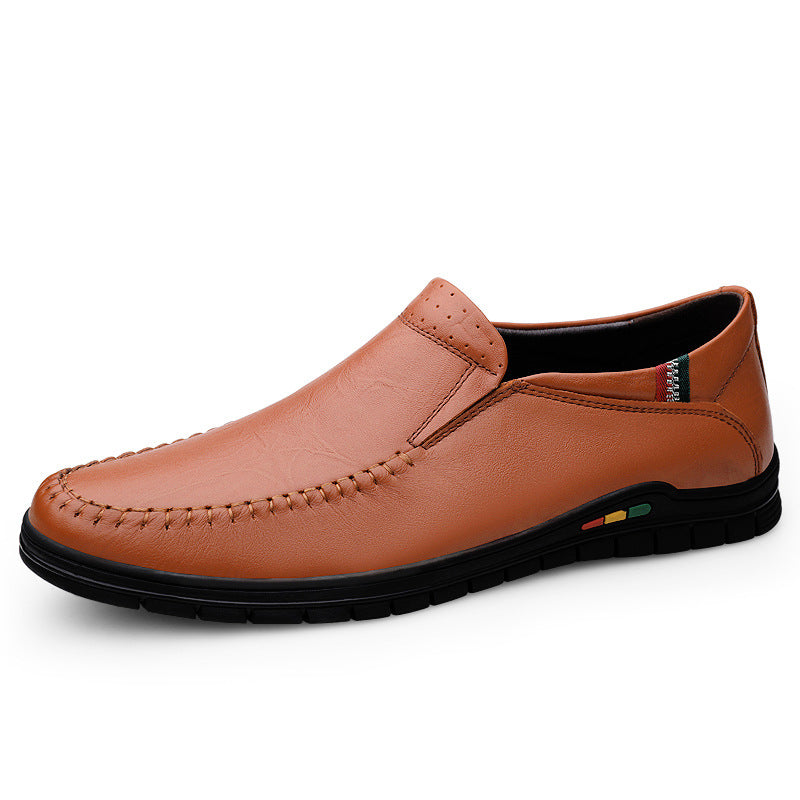 2025 Autumn Men's Slip-On Business Loafers Toe Layer Cowhide Soft Leather Plaid Work Black Leather Shoes