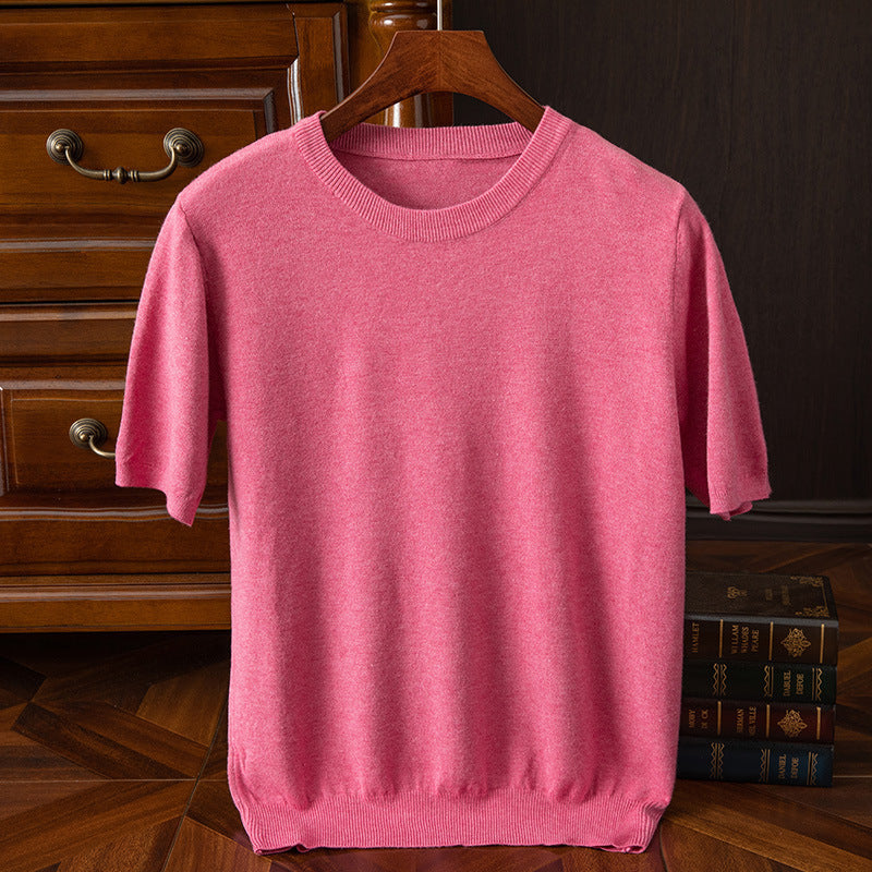 Men's Knitted Short-sleeved Korean Trendy Round Neck Half Sleeve Spring and Autumn Men's Slim-fit Solid Color Short-sleeved Sweater