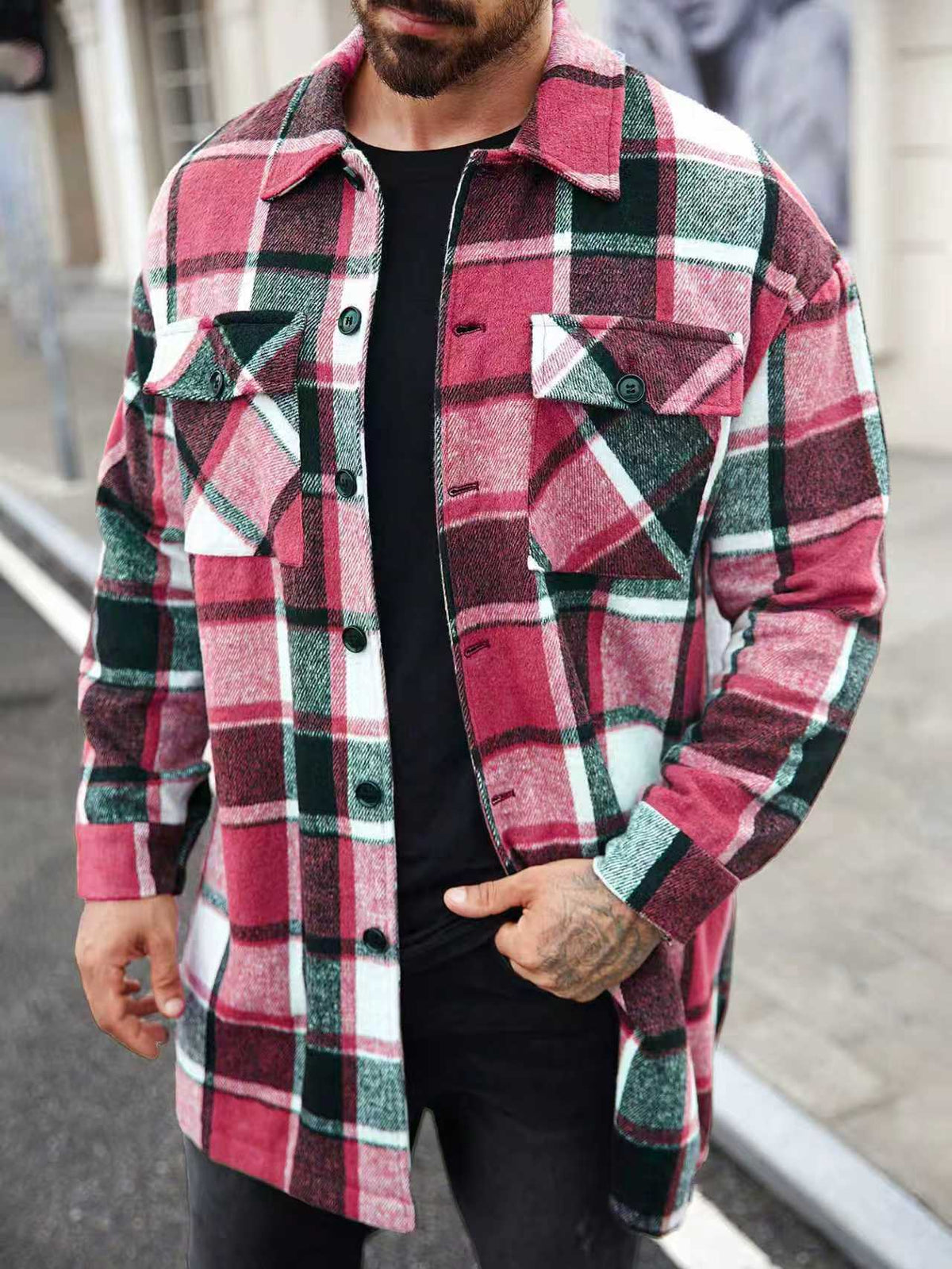 European and American Cross-Border Amazon New Men's Jacket Shirt Casual Sports Long Buttoned Double-Pocket Windbreaker for Men