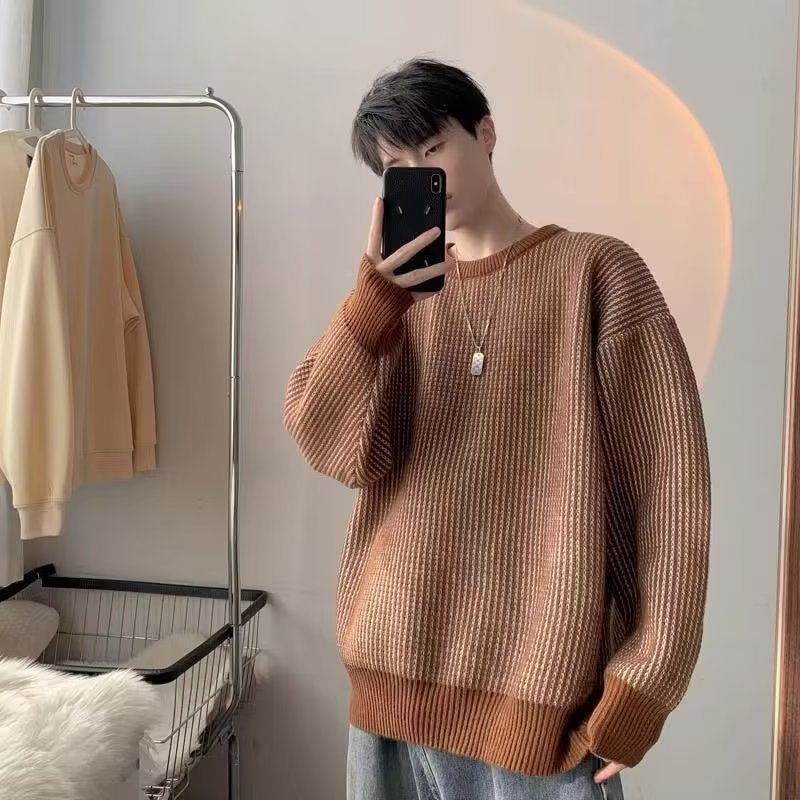 Autumn and Winter New Small Striped Sweater Men's Couple Casual Knitted Sweater Personalized All-match Fashion Contrast Color Base Shirt Jacket