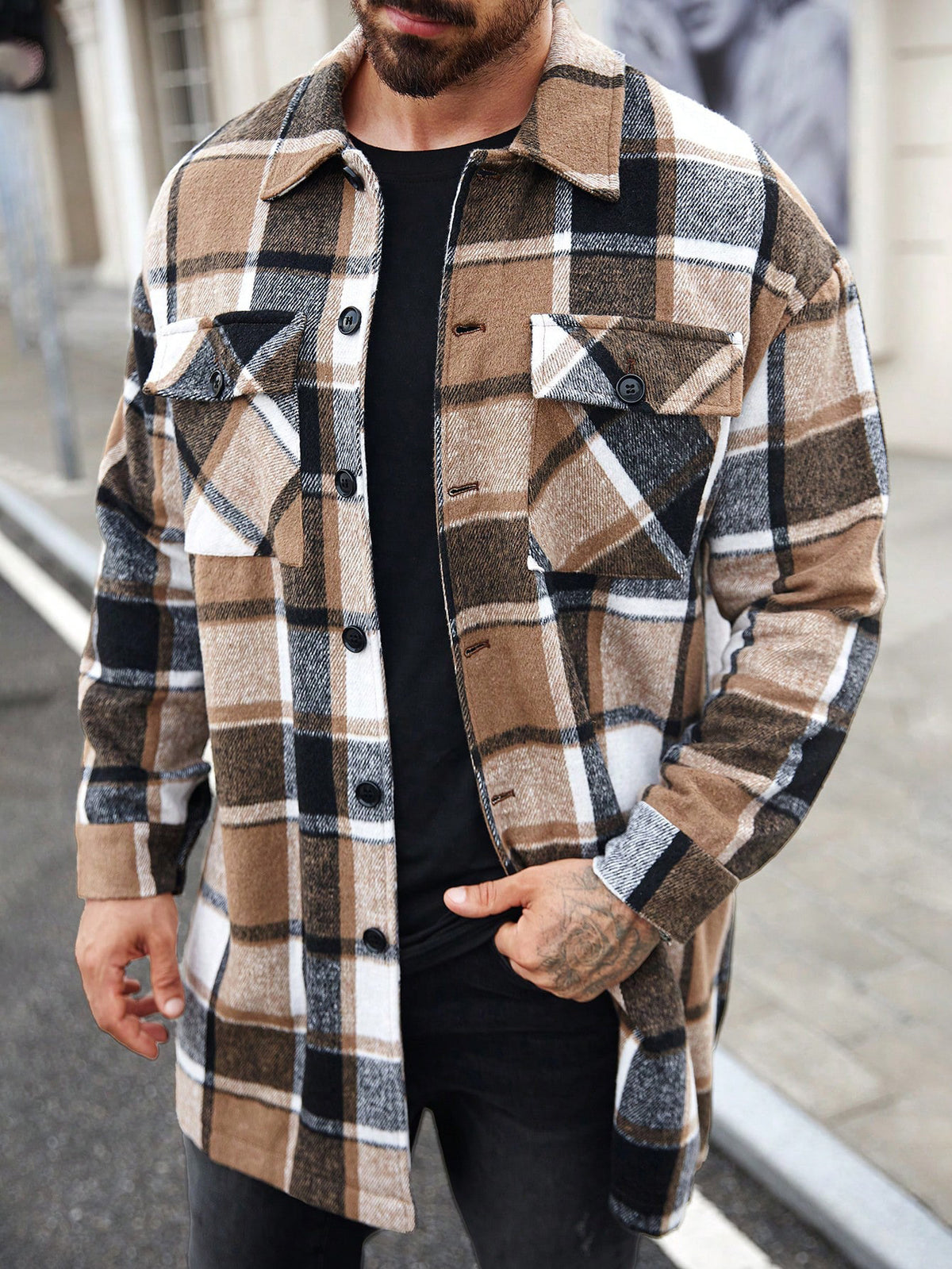 European and American Cross-Border Amazon New Men's Jacket Shirt Casual Sports Long Buttoned Double-Pocket Windbreaker for Men