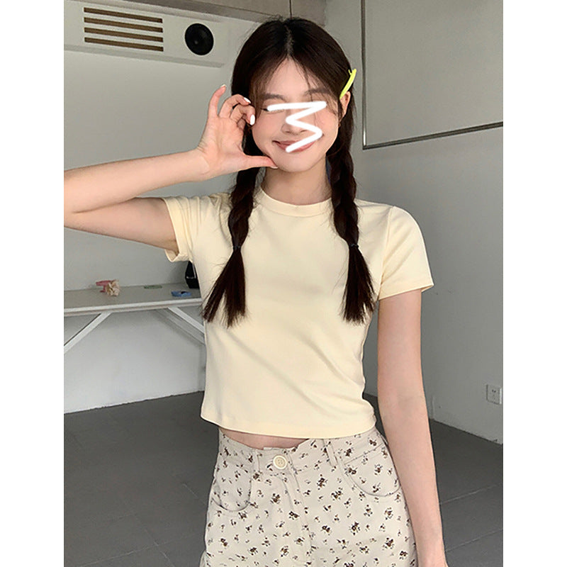 Black Straight-Shoulder Round-Neck T-Shirt for Women, Simple Basic Top, Summer Slim-Fit American Style Short-Sleeve Tee